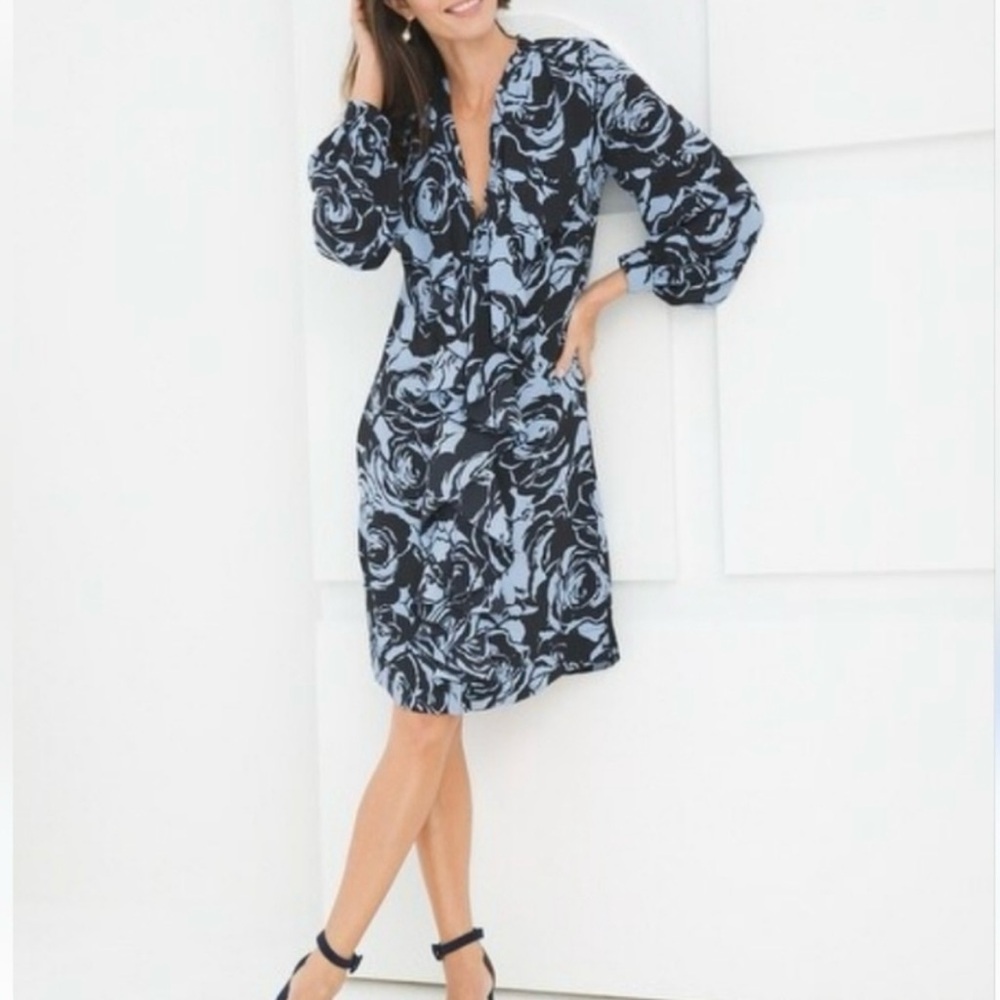 Chico’s Black Label Black & Blue Long Sleeve Floral Ruffle Dress Size XS